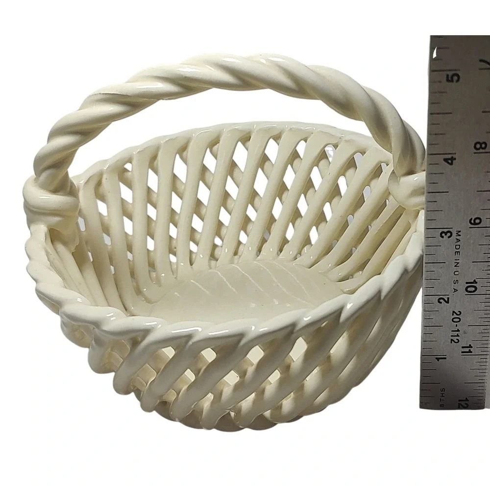 Vintage Woven Glass Basket Weave Twisted Handle Cream Springtime Five Inches SEE